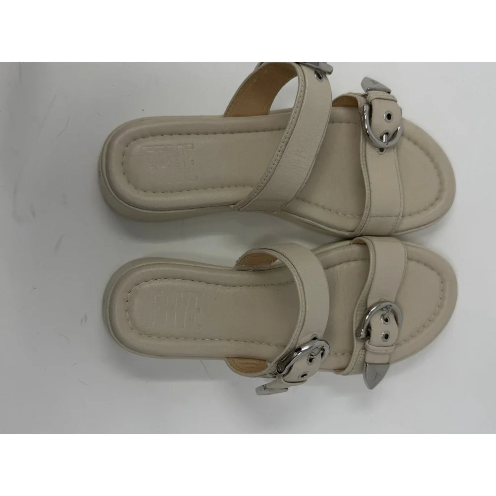 Frye Western Double Buckle Platform Slide Sandal Beige Leather Women Size 8